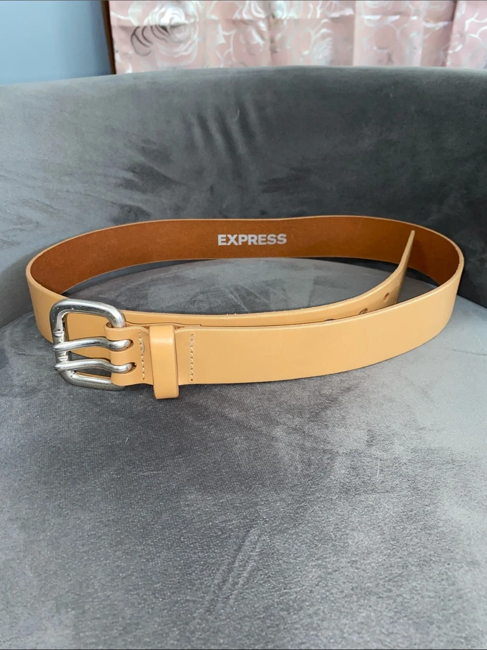 Vintage Express Tan Leather Belt Size L Double Prong Made in USA Y2K Boho Large